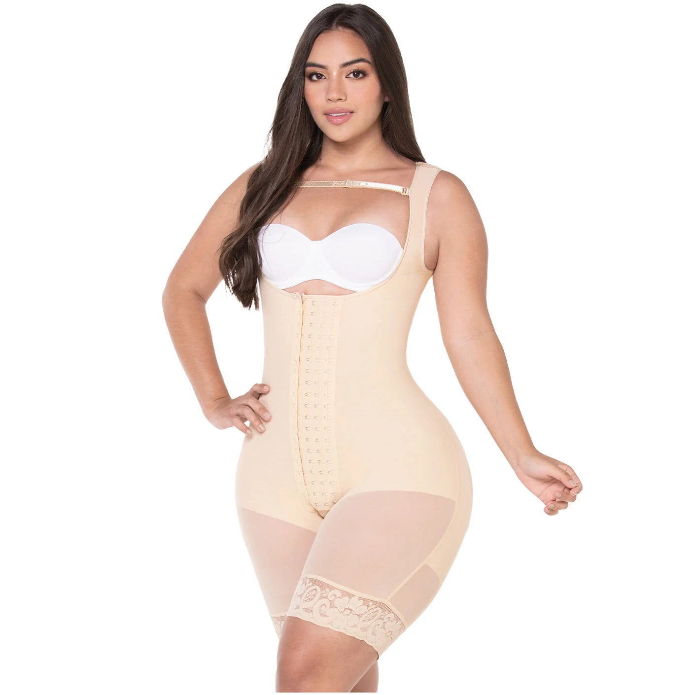 Fajas MyD MYD0485 beige full-body post-surgery faja with hook closure and lace hem, Colombian shapewear front view