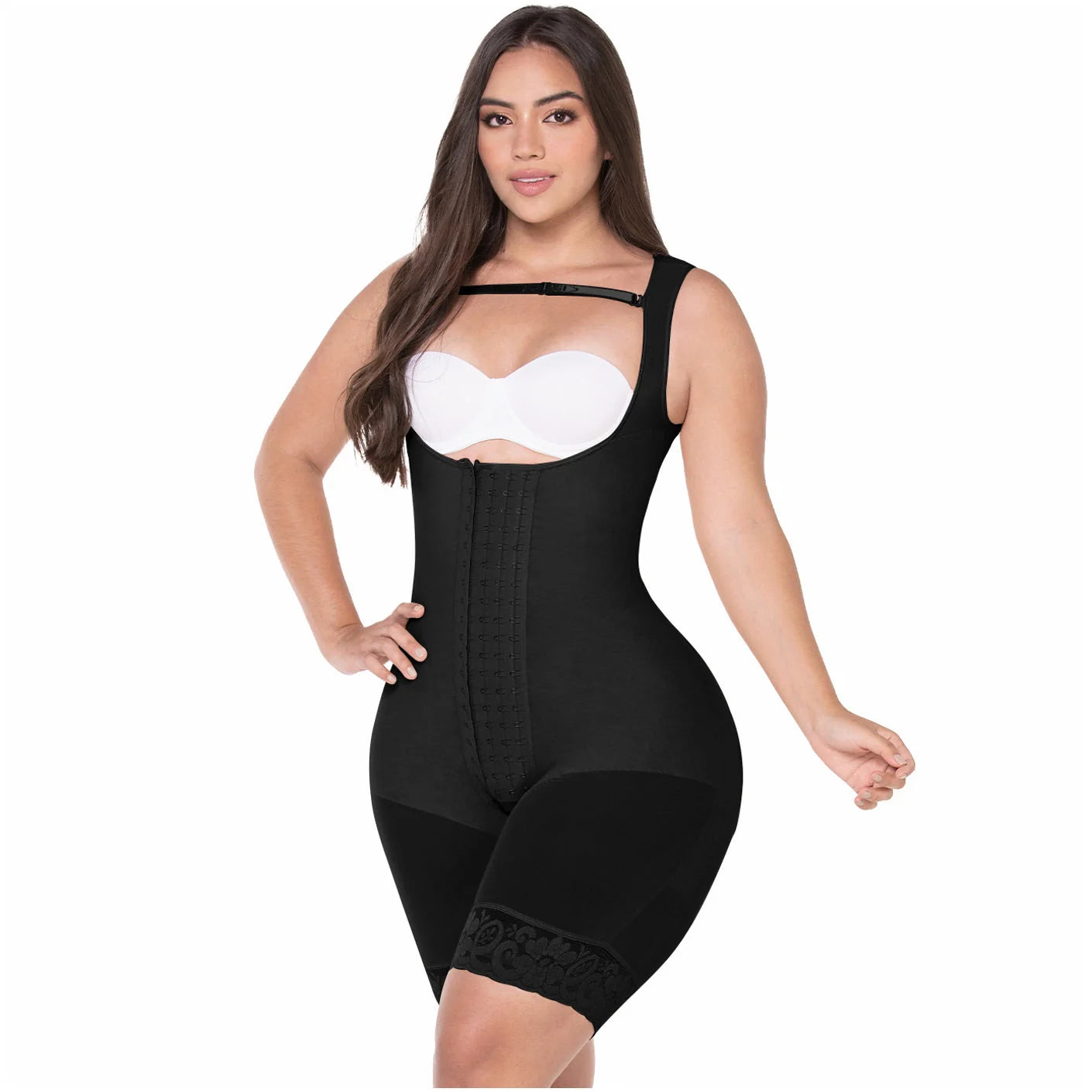 Fajas MyD MYD0485 black full-body post-surgery faja with hook closure and straps, Colombian shapewear front view