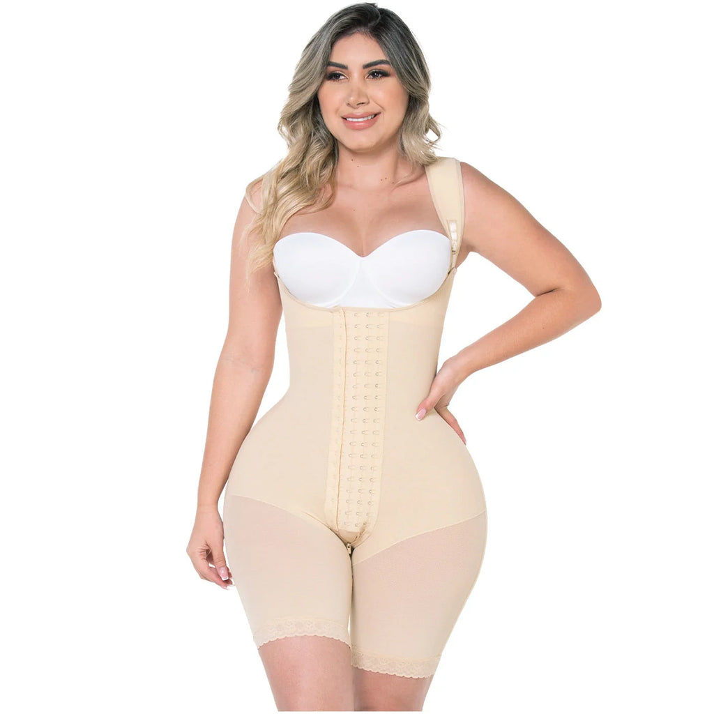 Fajas MyD MYD0489 beige full-body post-surgery faja with hook closure and lace trim, Colombian shapewear front view
