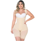 Fajas MyD MYD0489 beige full-body post-surgery faja with hook closure and lace trim, Colombian shapewear front view