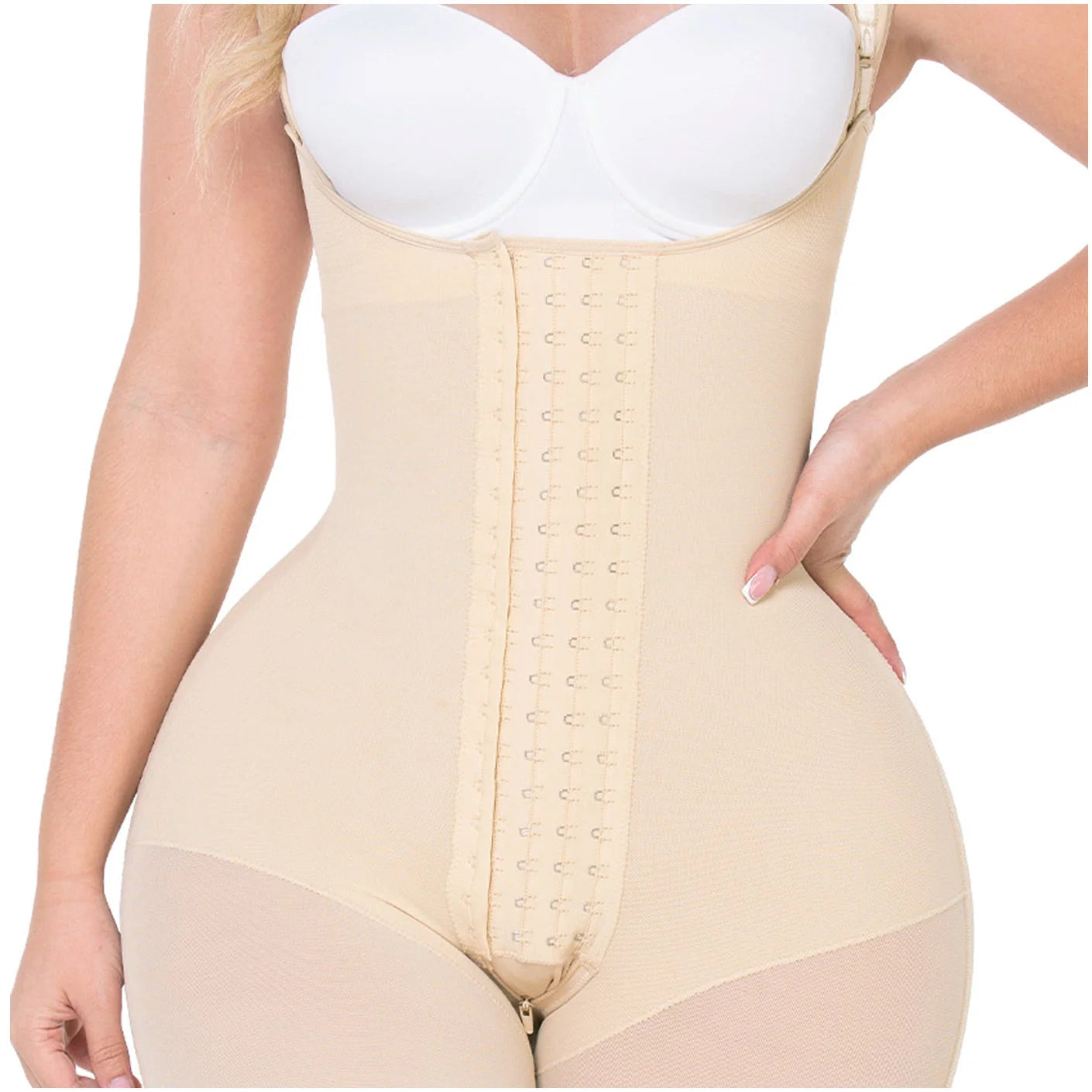 Fajas MyD MYD0489 beige full-body post-surgery faja with hook-and-eye closure, Colombian shapewear compression garment front 
