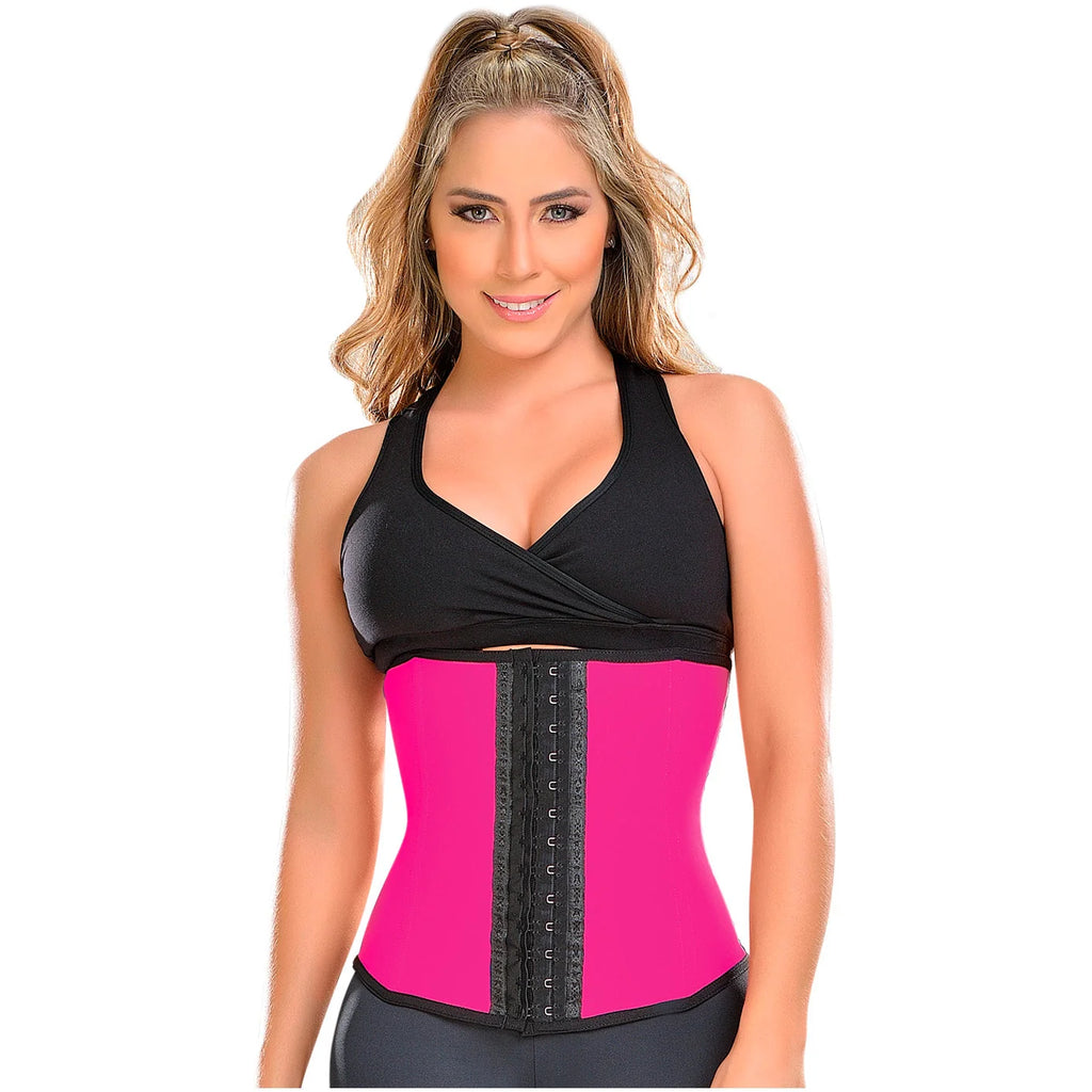 Fajas MyD MYD0557 hot pink waist trainer with hook closure, Colombian shapewear post-surgery compression garment front view