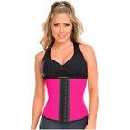 Fajas MyD MYD0557 hot pink waist trainer with hook closure, Colombian shapewear post-surgery compression garment front view