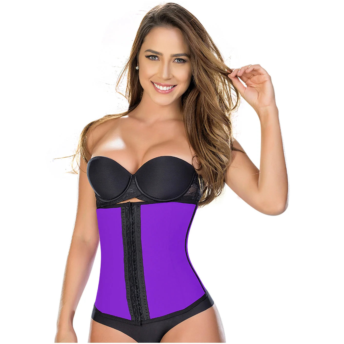 Fajas MyD MYD0557 purple latex waist trainer with hook closure, Colombian shapewear post-surgery compression body shaper fron