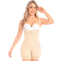Fajas MyD MYD0766 beige post-surgery faja colombiana with front zipper and lace trim, Colombian shapewear bodysuit front view