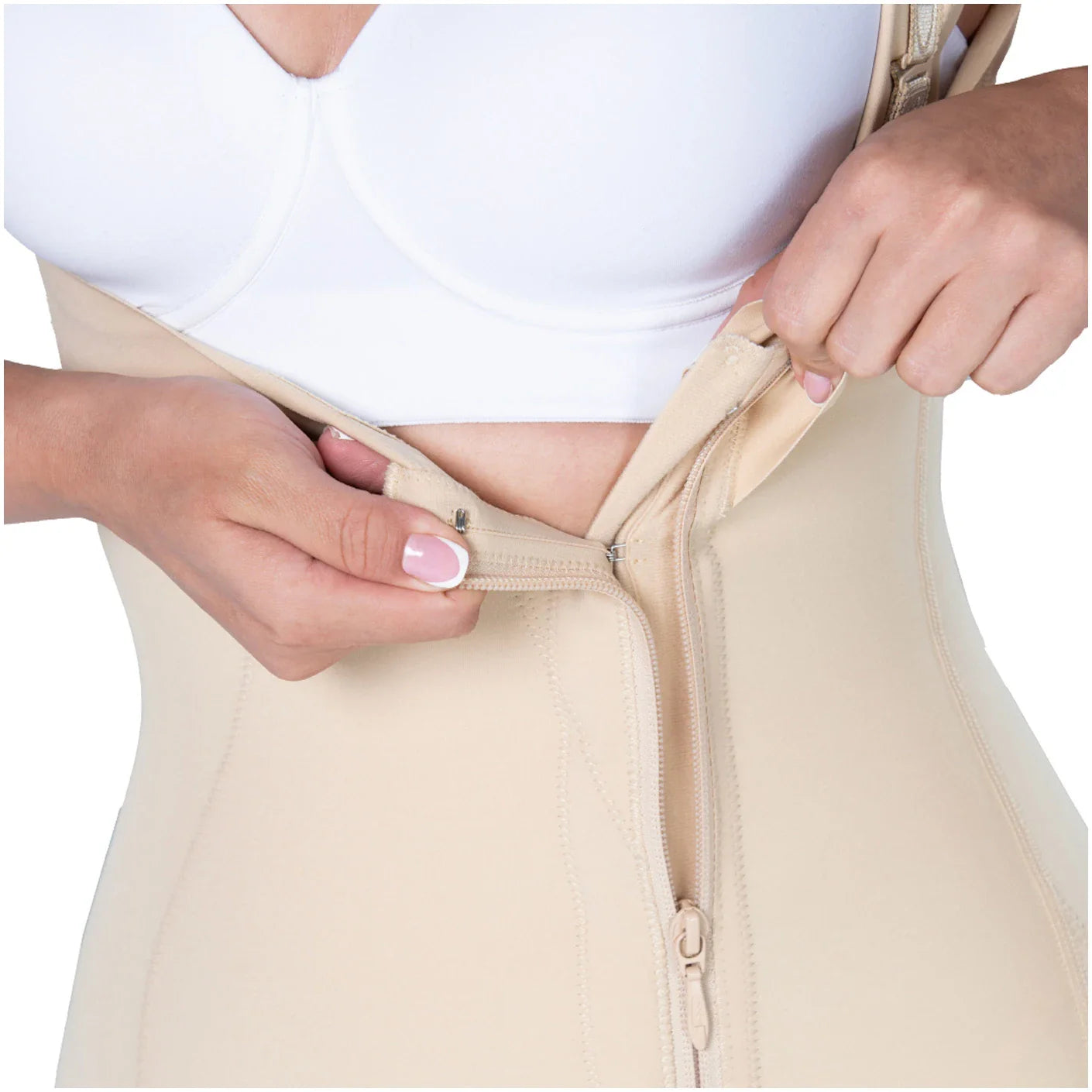 Fajas MyD MYD08779 beige post-surgery faja with front zipper closure, Colombian shapewear compression garment lifestyle detai