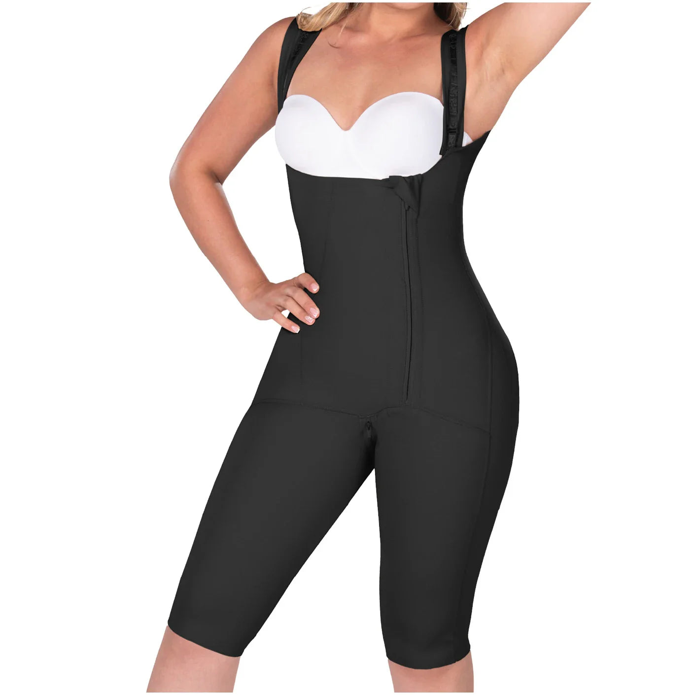 Fajas MyD 08779 black full-body post-surgery faja with zipper closure and knee-length cut, Colombian shapewear front view