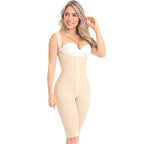 Fajas MyD MYDF0879 beige full-body post-surgery faja with hook closure and straps, Colombian shapewear knee-length front view