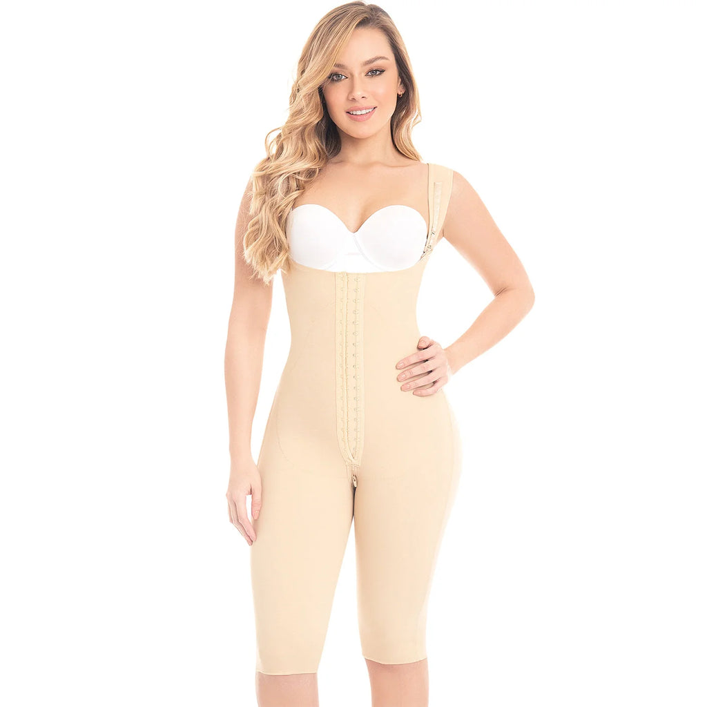 Fajas MyD MYDF0879 beige full-body post-surgery faja with hook closure and straps, Colombian shapewear front view