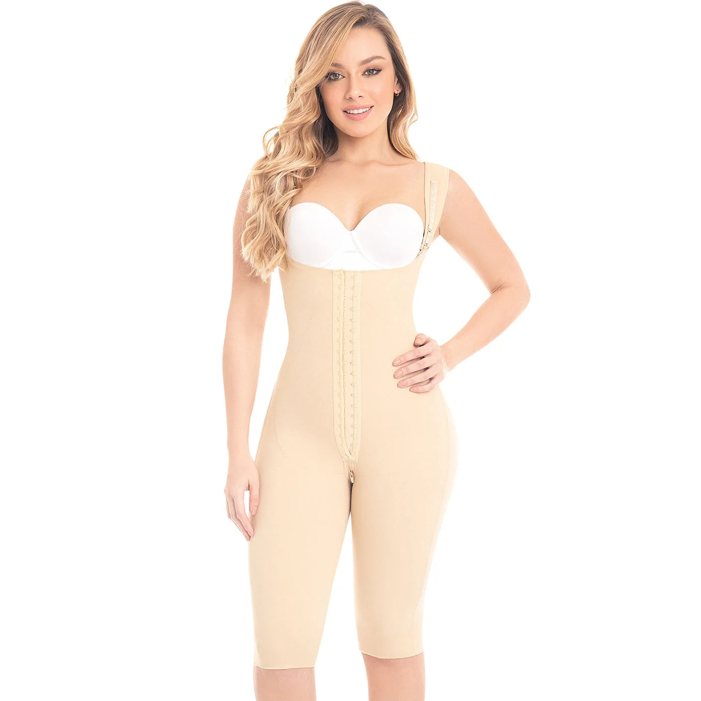 Fajas MyD MYDF0879 beige full-body post-surgery faja with hook closure and straps, Colombian shapewear front view