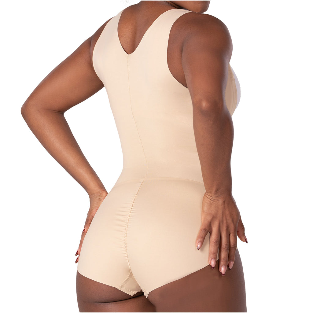 Fajas MyD FEX06 beige full-body Colombian shapewear bodysuit with boyshort cut, daily body shaper back view