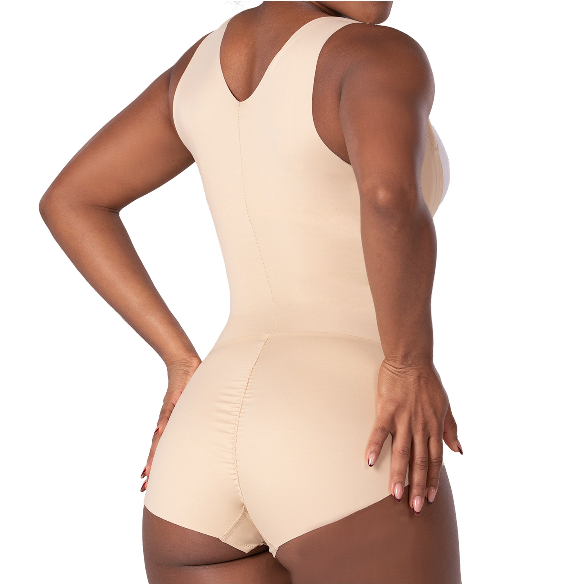 Fajas MyD FEX06 beige full-body Colombian shapewear bodysuit with boyshort cut, daily body shaper back view