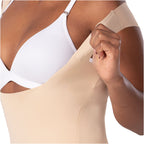 Fajas MyD FEX06 beige full-body Colombian shapewear bodysuit with shoulder strap detail, daily body shaper for women