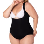Fajas MyD FEX06 black open-bust bodysuit shaper, plus-size Colombian shapewear body shaper front view daily use