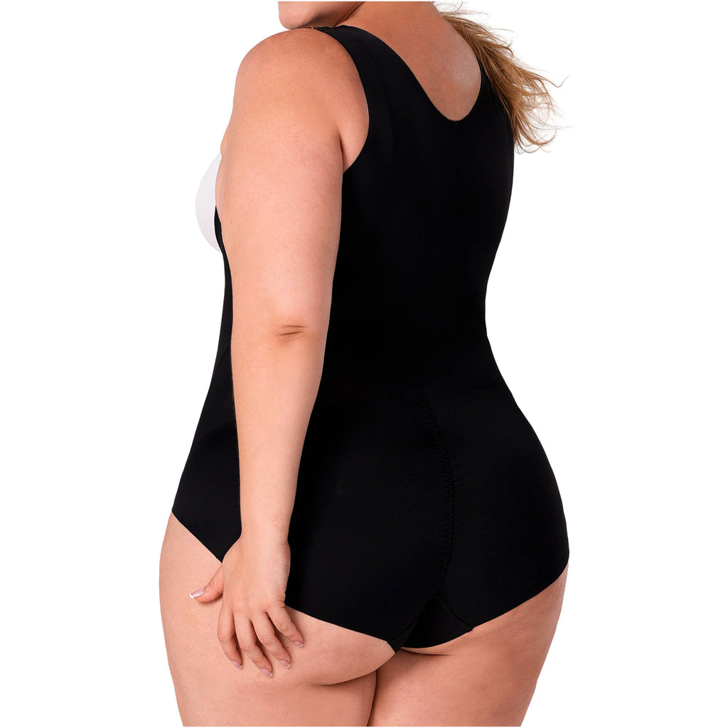 Fajas MyD FEX06 black full-body Colombian shapewear bodysuit with wide straps, daily body shaper back side view