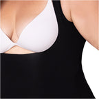 Fajas MyD FEX06 black open-bust bodysuit with white bra, daily Colombian shapewear full-body faja front view
