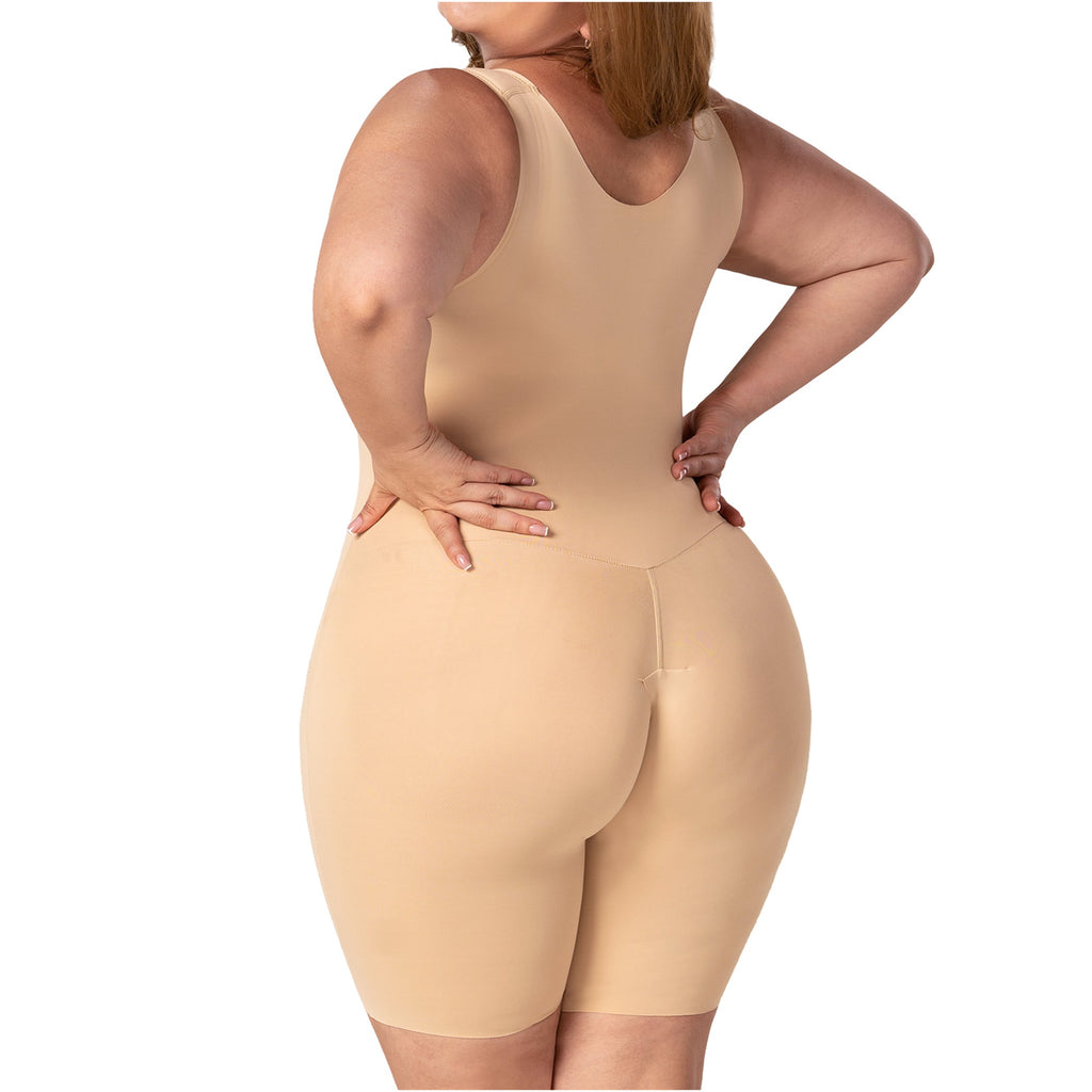 Fajas MyD FT060 nude full-body post-surgery faja colombiana with mid-thigh cut, Colombian shapewear back view