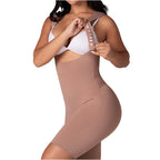 Fajas MyD FT060 nude open-bust bodysuit with hook closure, Colombian post-surgery faja mid-thigh compression garment side vie