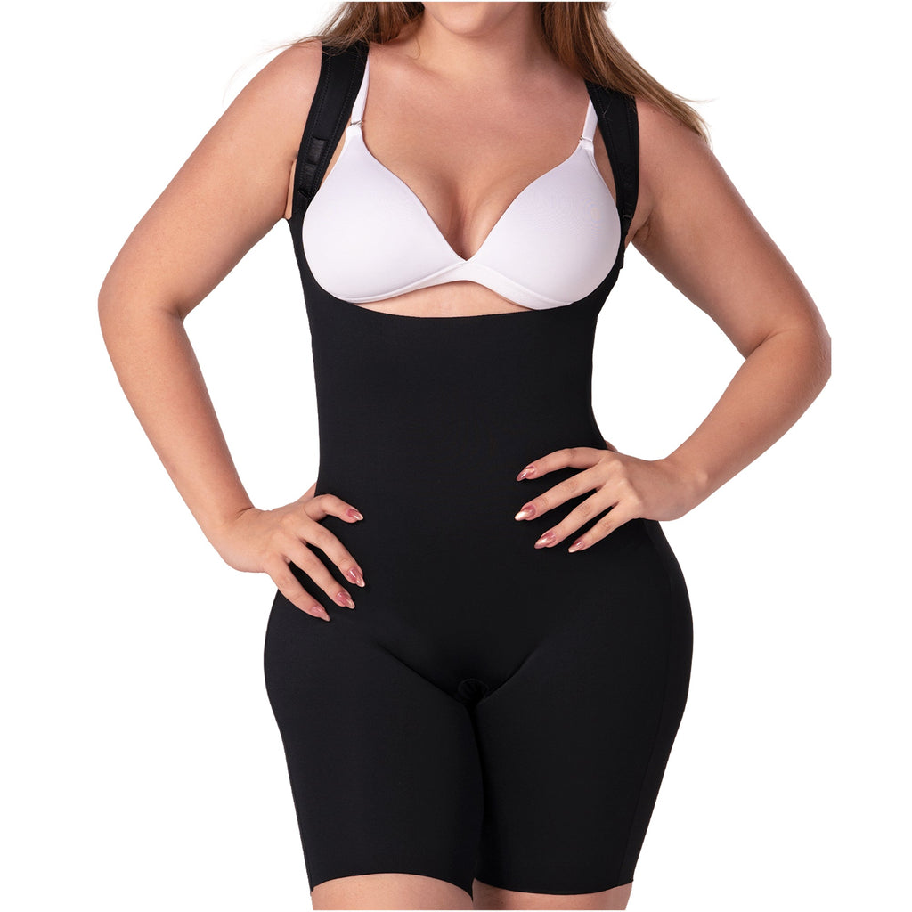 Fajas MyD FT060 black open-bust bodysuit shaper with straps, Colombian post-surgery compression garment front view