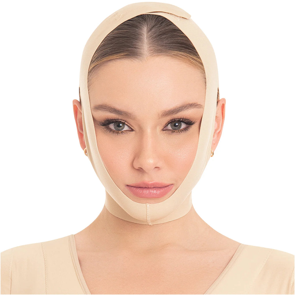 Fajas MyD MYD0810 beige post-surgery face and chin compression faja colombiana for women front view