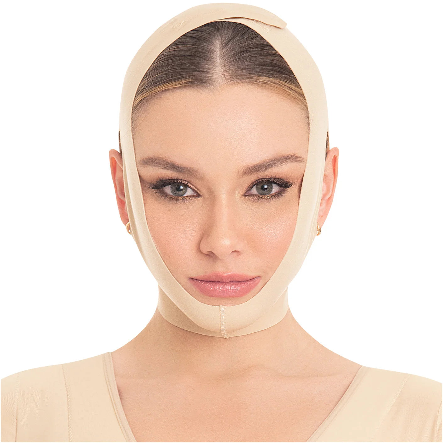 Fajas MyD MYD0810 beige post-surgery face and chin compression faja colombiana for women front view