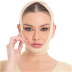 Fajas MyD MYD0810 beige face and chin compression garment post-surgery faja colombiana front lifestyle view