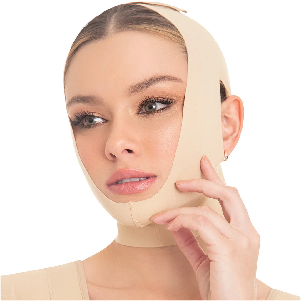 Fajas MyD MYD0810 beige facial compression garment post-surgery faja colombiana chin strap for women lifestyle view