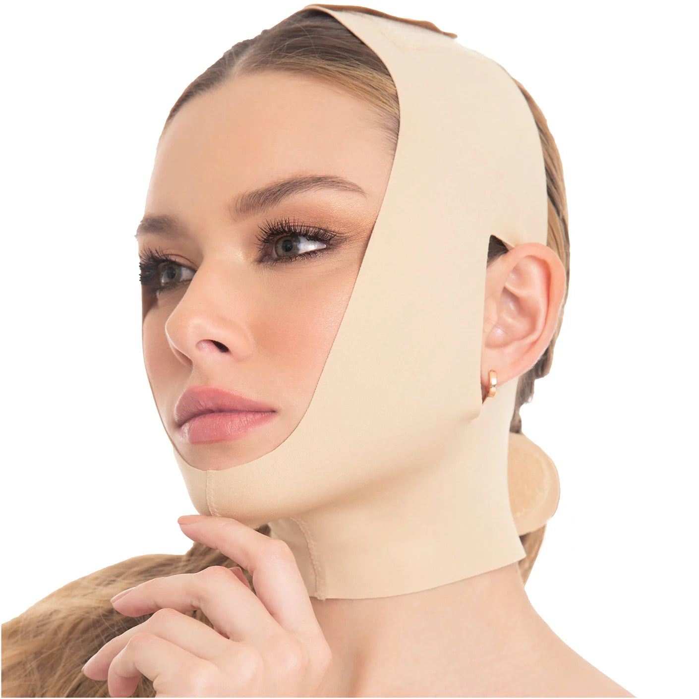 Fajas MyD MYD0810 beige post-surgery face and chin compression garment, Colombian faja lift band side view