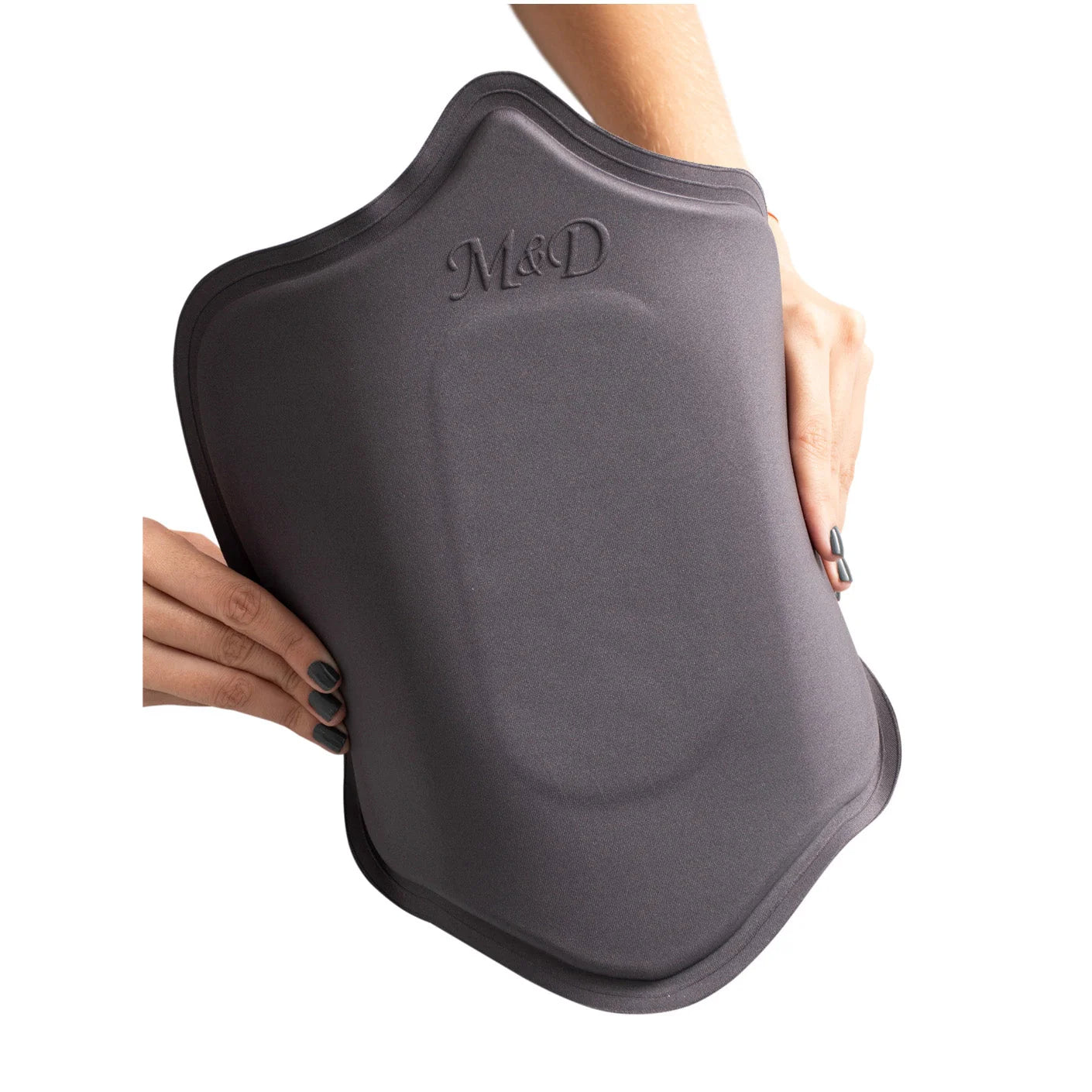 Fajas MyD MYD9105 dark gray foam compression board post-surgery Colombian shapewear accessory held by hands front view