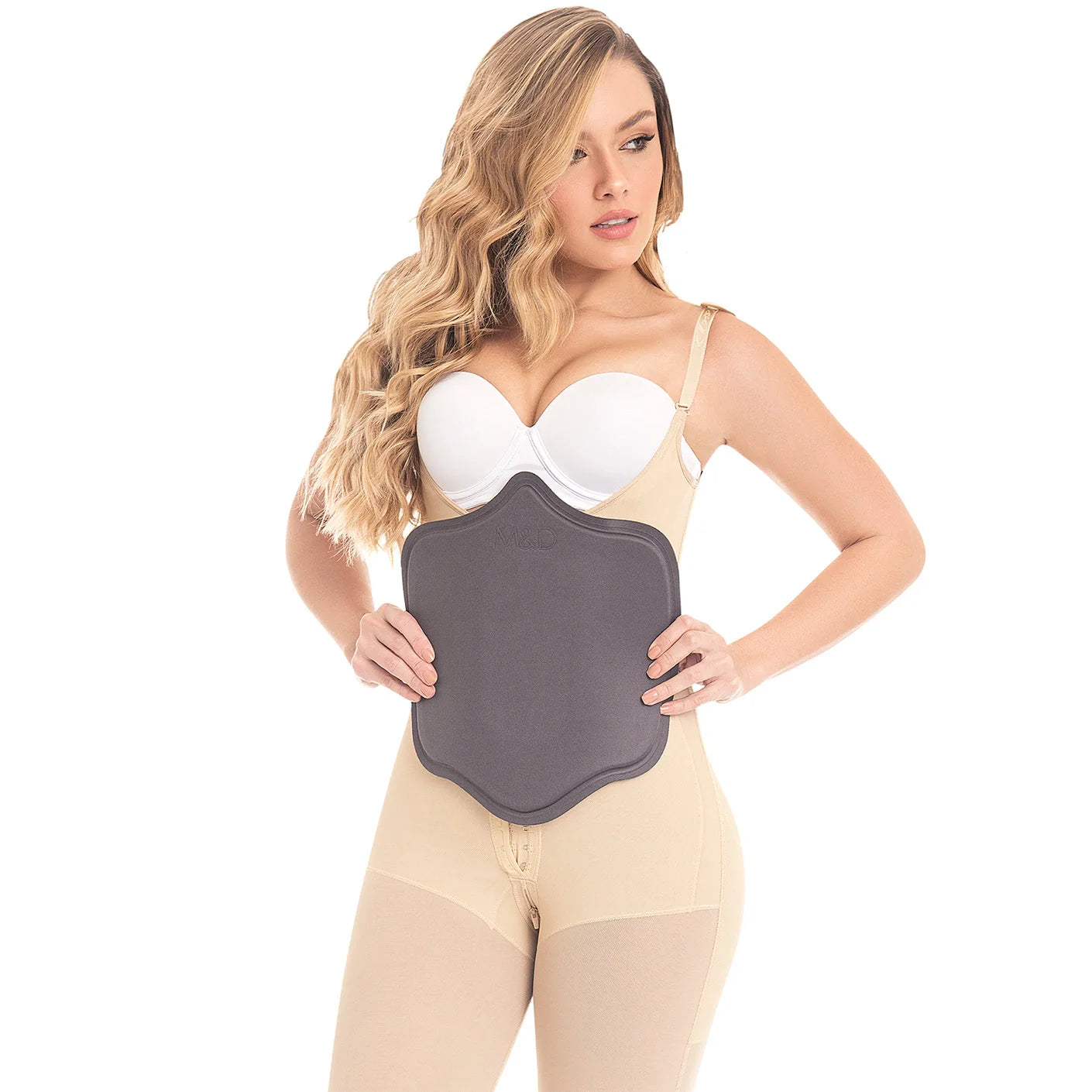 Fajas MyD MYD9105 nude Colombian shapewear bodysuit with abdominal foam board compression pad front lifestyle view