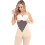 Fajas MyD 9105 beige full-body Colombian shapewear with dark abdominal panel and front hook closure, post-surgery faja lifest