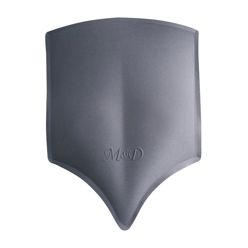 Fajas MyD gray shield-shaped back cushion pad post-surgery Colombian compression garment accessory front view