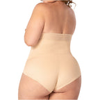 Fajas MyD P063 nude high-waist shaper shorts with lace waistband, Colombian shapewear body shaper back view
