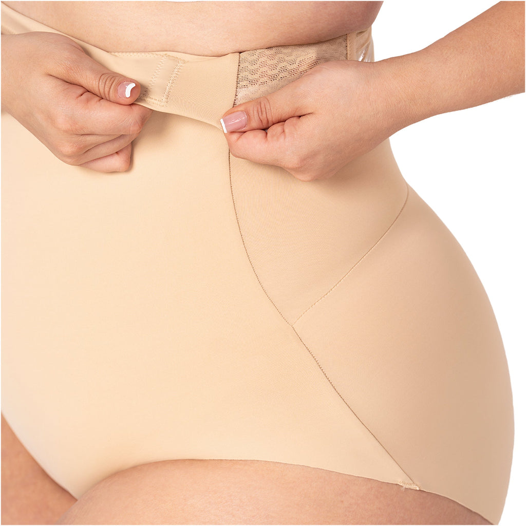 Fajas MyD P063 beige high-waist shaper shorts with hook closure adjustment, Colombian shapewear for daily body compression