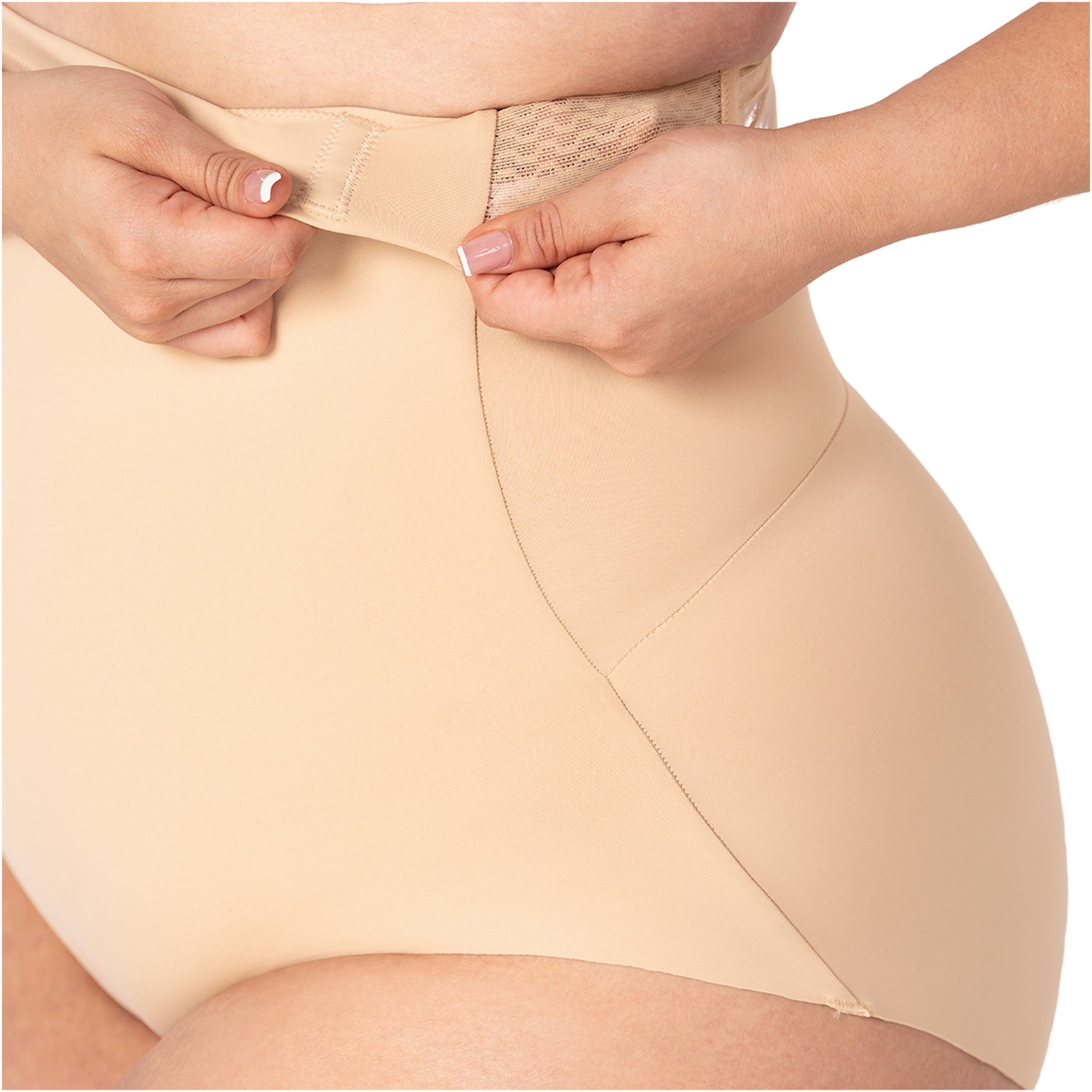 Fajas MyD P063 beige high-waist shaper shorts with hook closure adjustment, Colombian shapewear for daily body compression