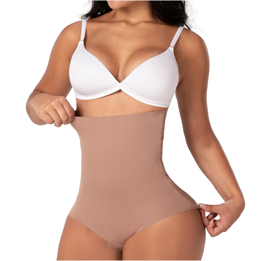 Fajas MyD P063 nude high-waist tummy control shaper brief, Colombian shapewear body shaper front view for women