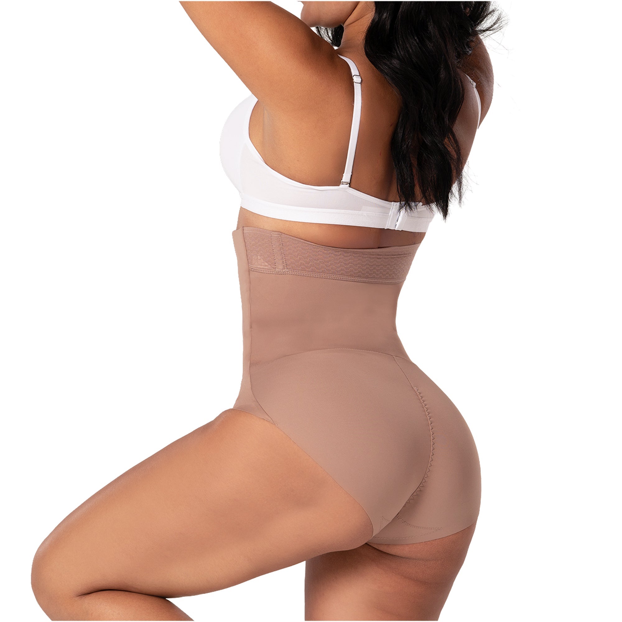 Fajas MyD P063 nude high-waist butt lifter shaper shorts, Colombian shapewear with lace waistband back view