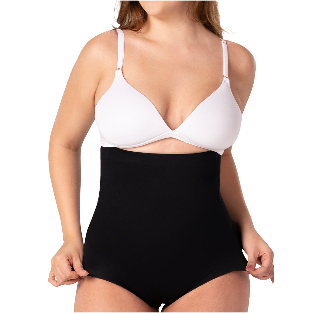 Fajas MyD P063 black high-waist shaper shorts front view, seamless Colombian shapewear body shaper for daily tummy control