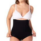 Fajas MyD P063 black high-waist shaper shorts front view, seamless Colombian shapewear body shaper for daily tummy control