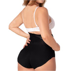 Fajas MyD P063 black high-waist shaper shorts back view, Colombian shapewear body shaper for daily tummy control women