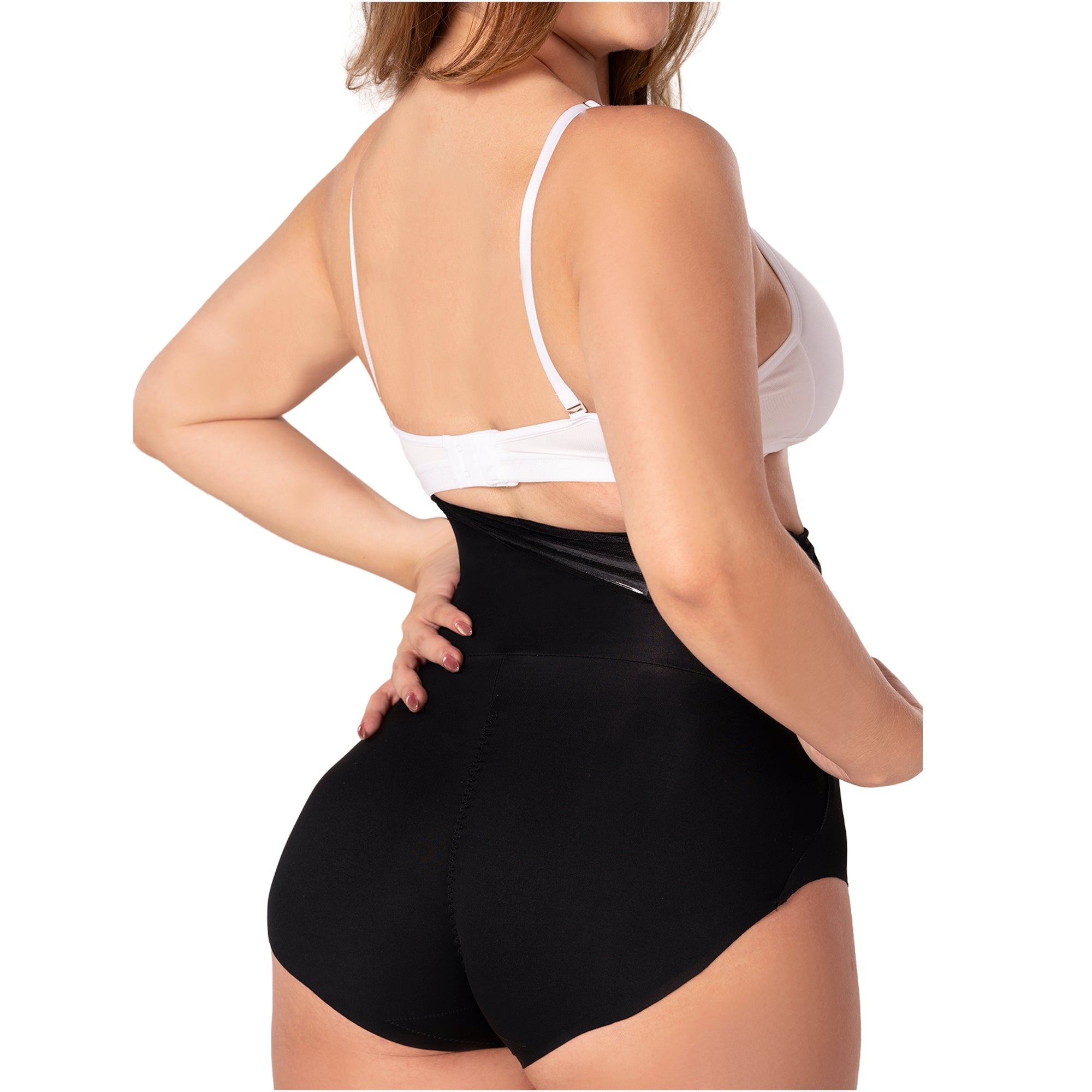 Fajas MyD P063 black high-waist shaper shorts back view, Colombian shapewear body shaper for daily tummy control women