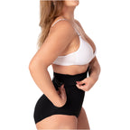 Fajas MyD P063 black high-waist shaper shorts with hook closure, Colombian shapewear body shaper side view