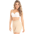 Fajas MyD MYD0322 beige high-waist shaper shorts with lace trim, Colombian shapewear post-surgery compression garment front v
