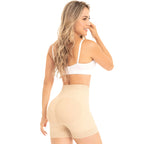 Fajas MyD MYD0322 beige butt-lifting shapewear shorts with lace trim, Colombian faja colombiana body shaper back view