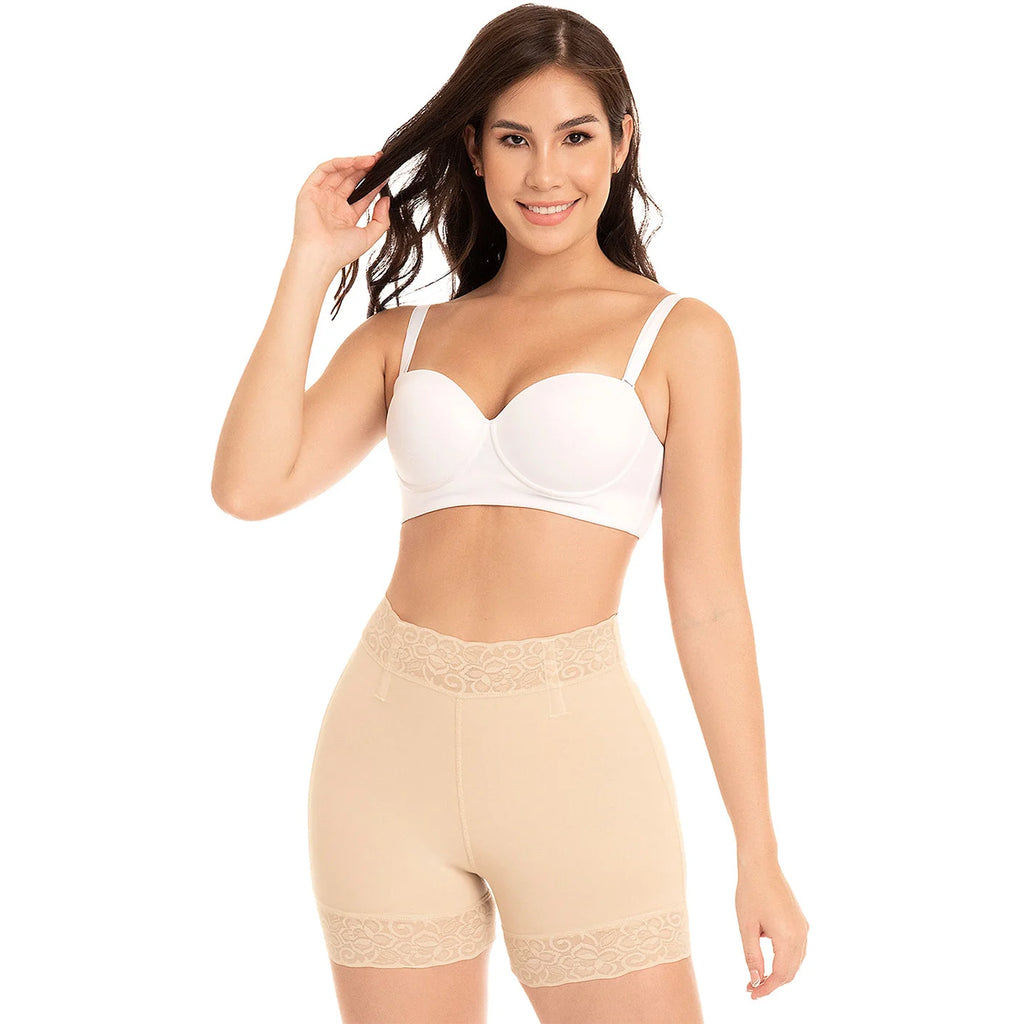 Fajas MyD MYD0322 beige high-waist boyshort faja colombiana with lace trim, post-surgery Colombian shapewear front view