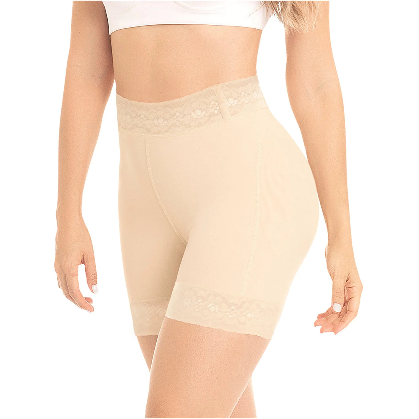 Fajas MyD MYD0322 nude bike short faja colombiana with lace waistband, Colombian shapewear body shaper side view
