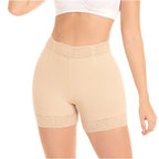 Fajas MyD MYD0322 beige high-waist lace-trim shaping shorts, Colombian shapewear post-surgery compression garment front view