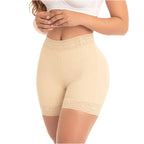 Fajas MyD MYD0322 beige shaping shorts with lace trim waistband, Colombian shapewear body shaper side view