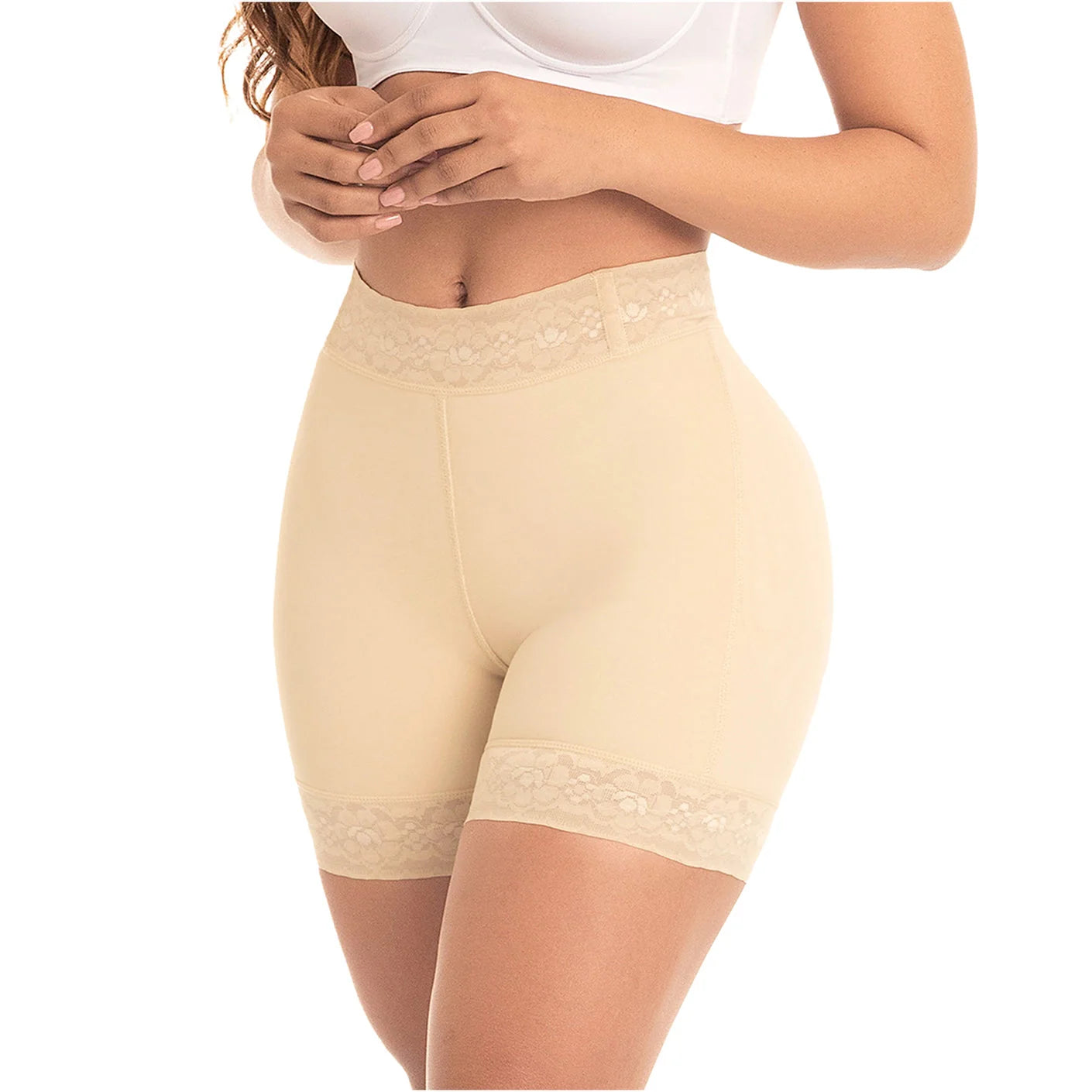 Fajas MyD MYD0322 beige shaping shorts with lace trim waistband, Colombian shapewear body shaper side view