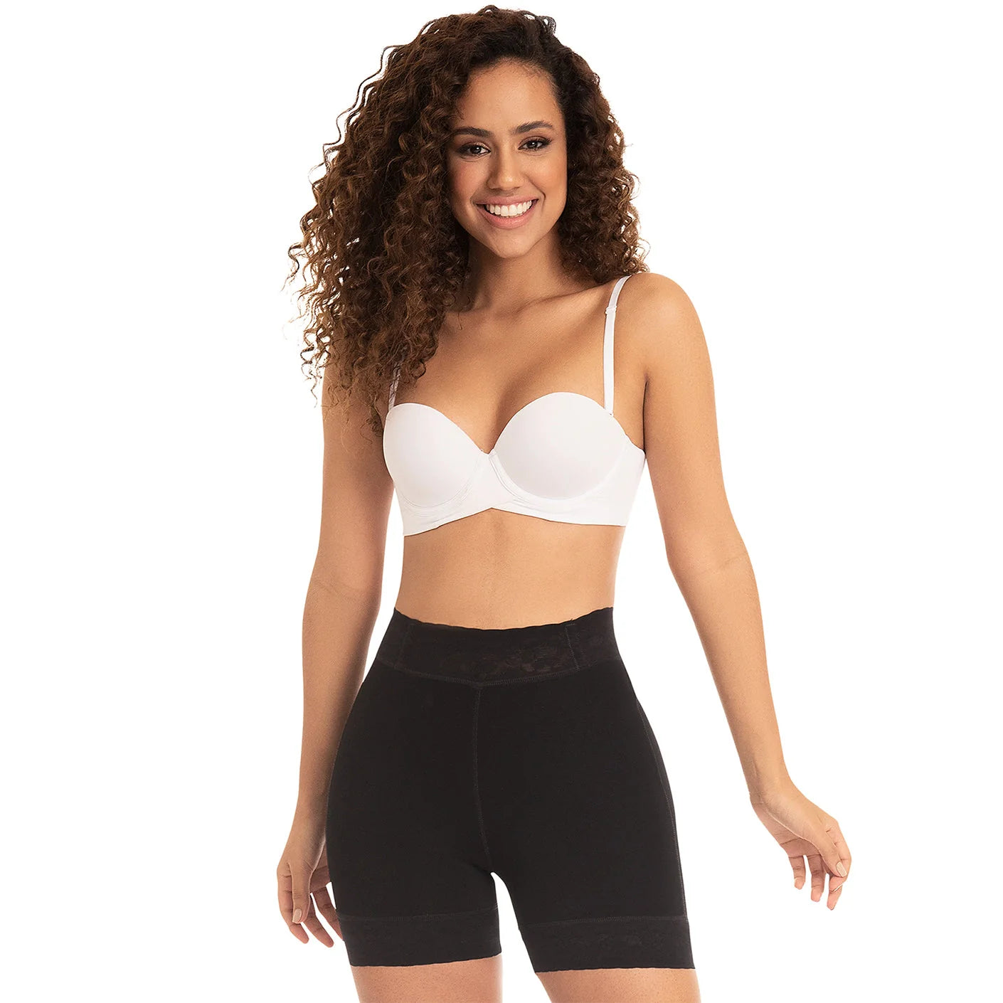 Fajas MyD MYD0322 black high-waist compression shorts with lace trim, Colombian shapewear body shaper front view